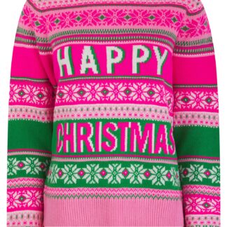 Jumpers Women's Joyful Jacquard Nordic Fair Isle Style Novelty Christmas Jumper in Prism Pink - Merry Christmas / 10 - Tokyo Laundry