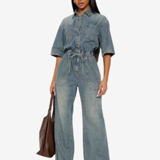 Stretch Washed Denim Jumpsuit For Women - Light Blue Drawstring Waist Side Slit Wide Leg Cargo Romper - Summer Streetwear 2026