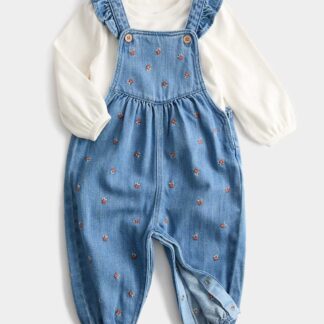 M&S 2pc Cotton Rich Denim Dungaree Outfit (0-3 Yrs) Denim