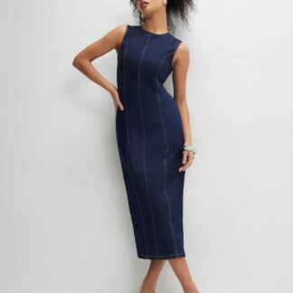 River Island Denim Round Neck Midi Bodycon Dress Blue Denim
